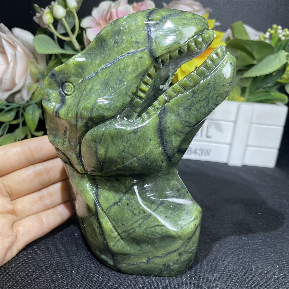 3.4LB 6.1″ Natural Xiuyan Jade Dinosaur Head Crystal Reiki Carving Decor Gift