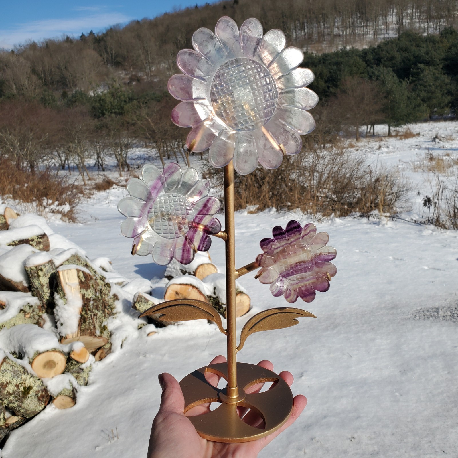 Purple Fluorite Crystal Sunflowers On Metal Stand 3 Flowers
