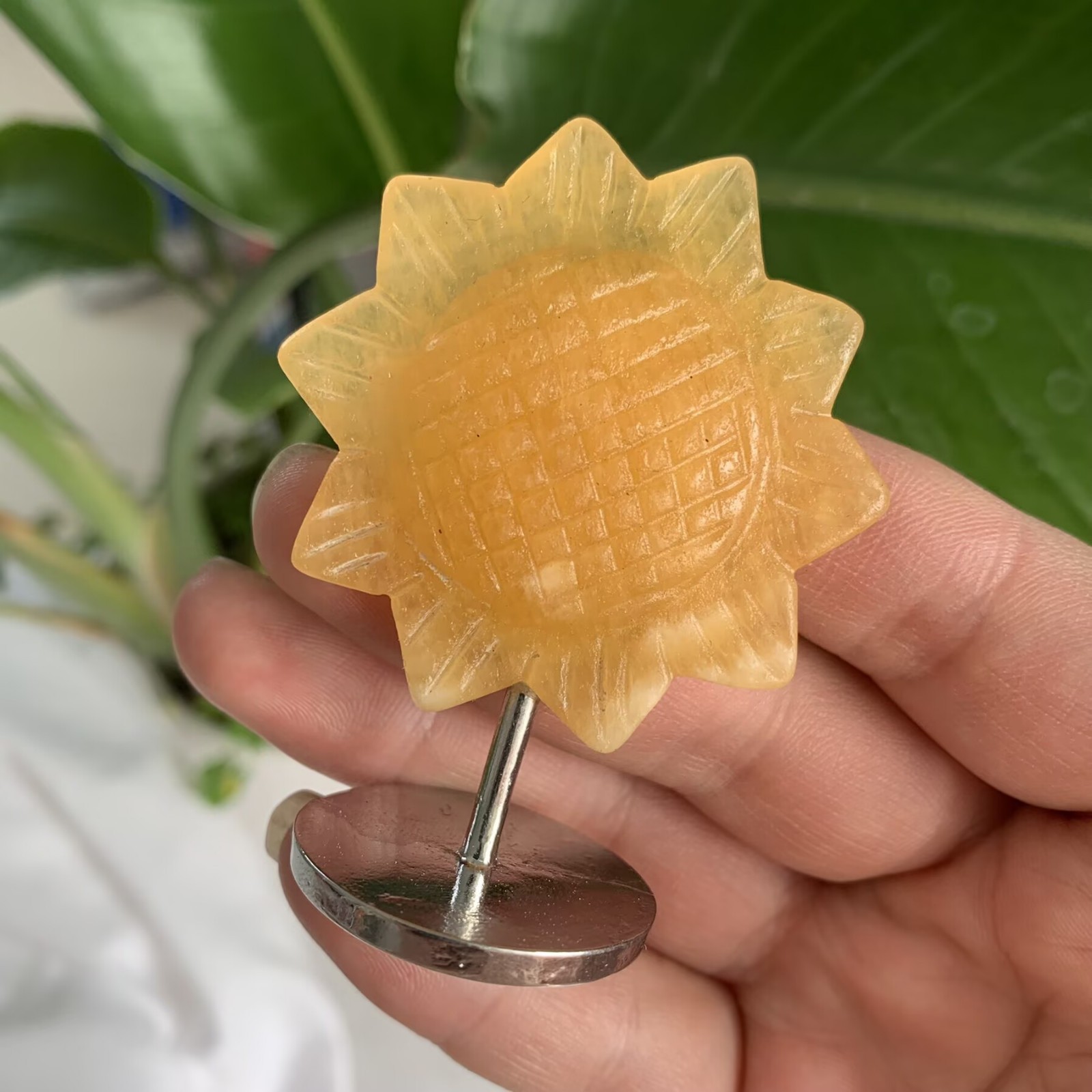 30g Orange Calcite Sunflower With Metal Stand Energy Crystal Healing Desk Decor