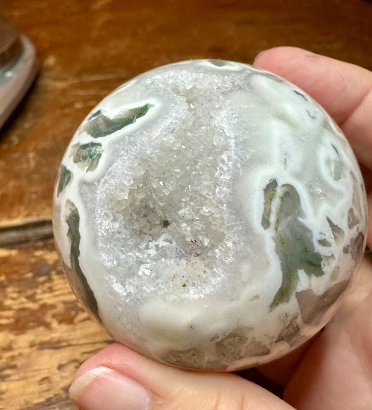 Light green moss agate crystal sphere with druzy metal stand Free shipping