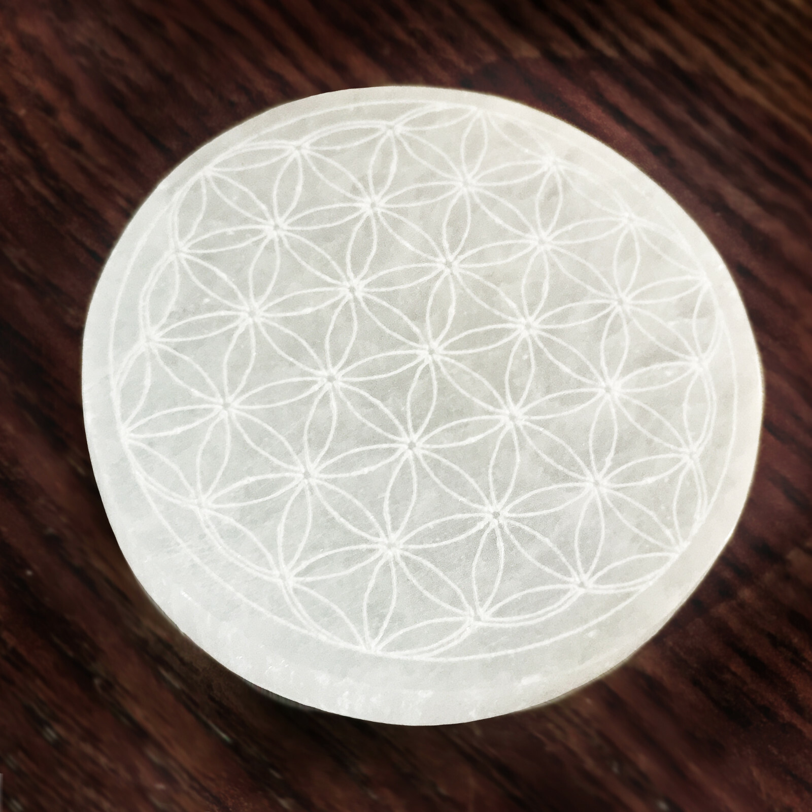 Selenite Crystal Charging Plate 3 ” Sacred Geometry Engraved Circle Disc Reiki