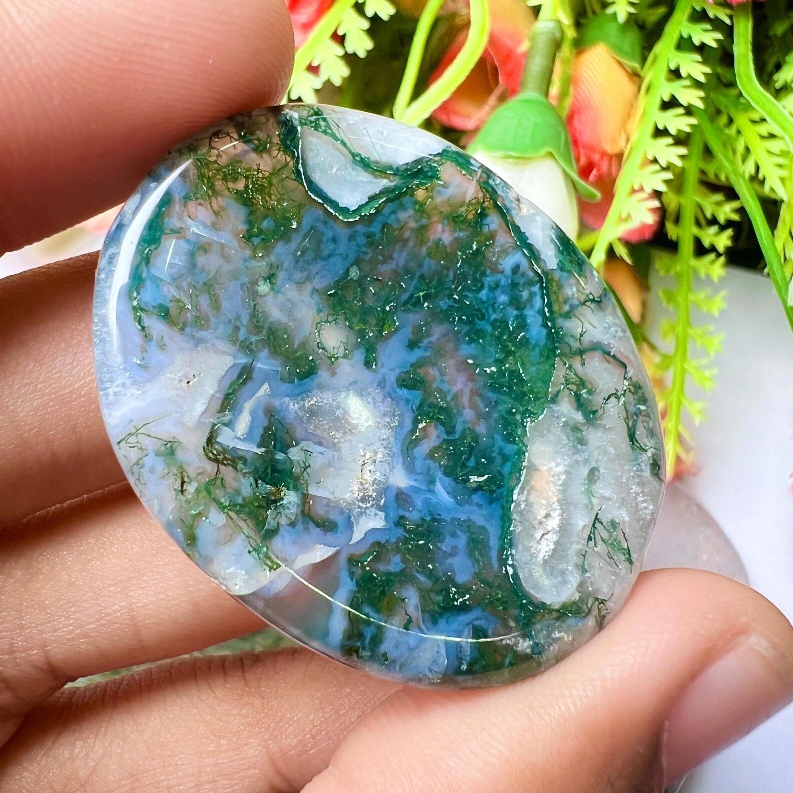 Genuine AAA Moss Agate Worry Stone Green Thumb Healing Crystal Meditation Tool