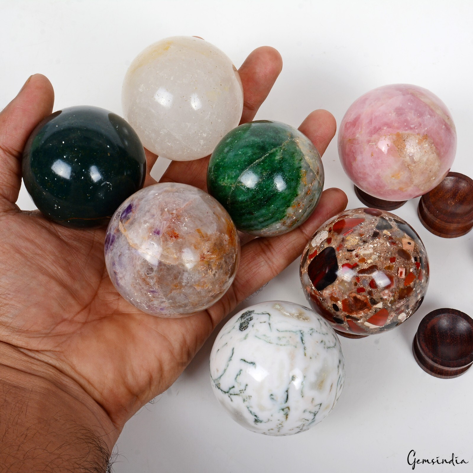 1.28 Kg 7 Pc Set Of Multi gemstone Crystal Sphere Ball Polished Healing w/ Stand