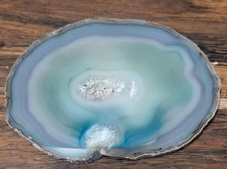 Blue Agate Geode Slice on Wooden Stand Brazil 3.75″ Natural Crystal Decor