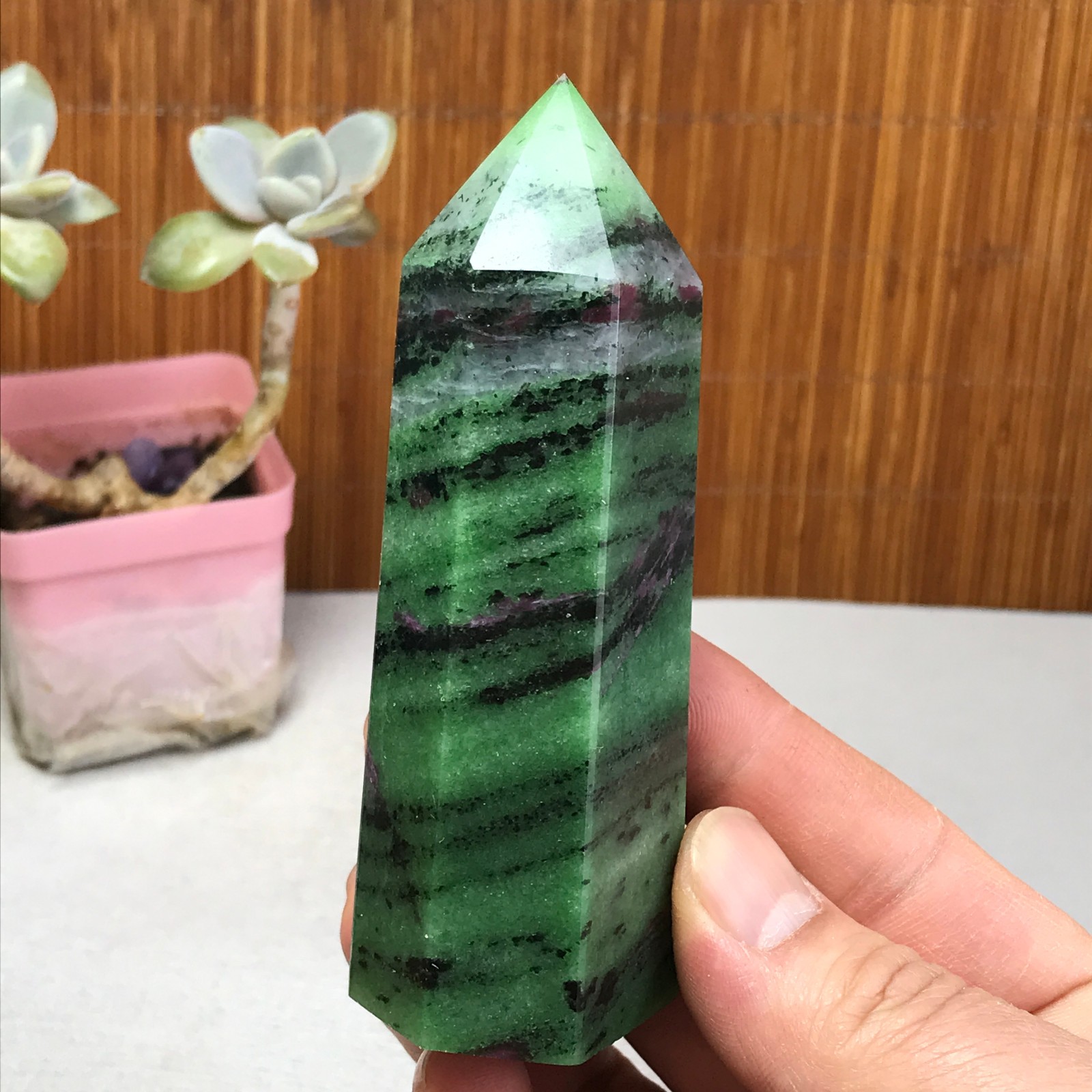 101-35-28mm Natural epidote wand Obelisk Crystal Quartz specimens 210g A3467