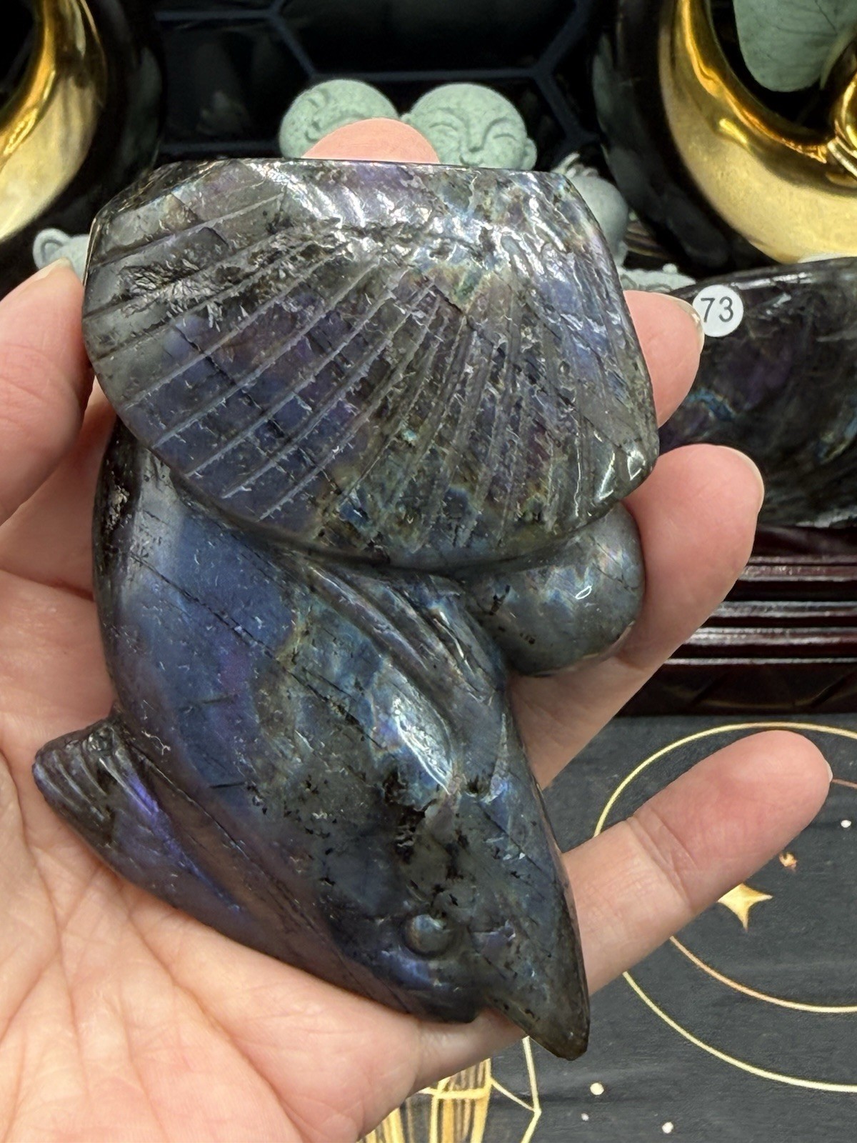 Natural Labradorite harbor porpoise Carving w/ custom stand Rainbow/Purple Fash