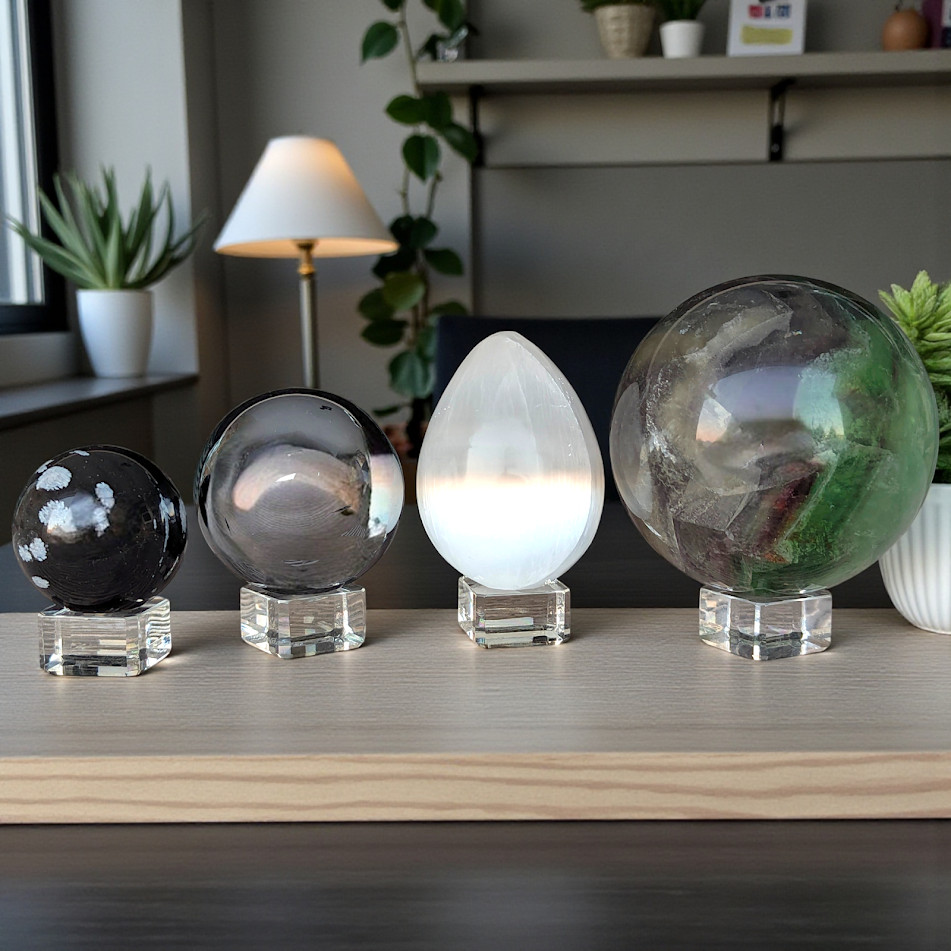 Cube Sphere Stands – Rose Quartz, Obsidian, Opalite, Amethyst, Selenite & Glass