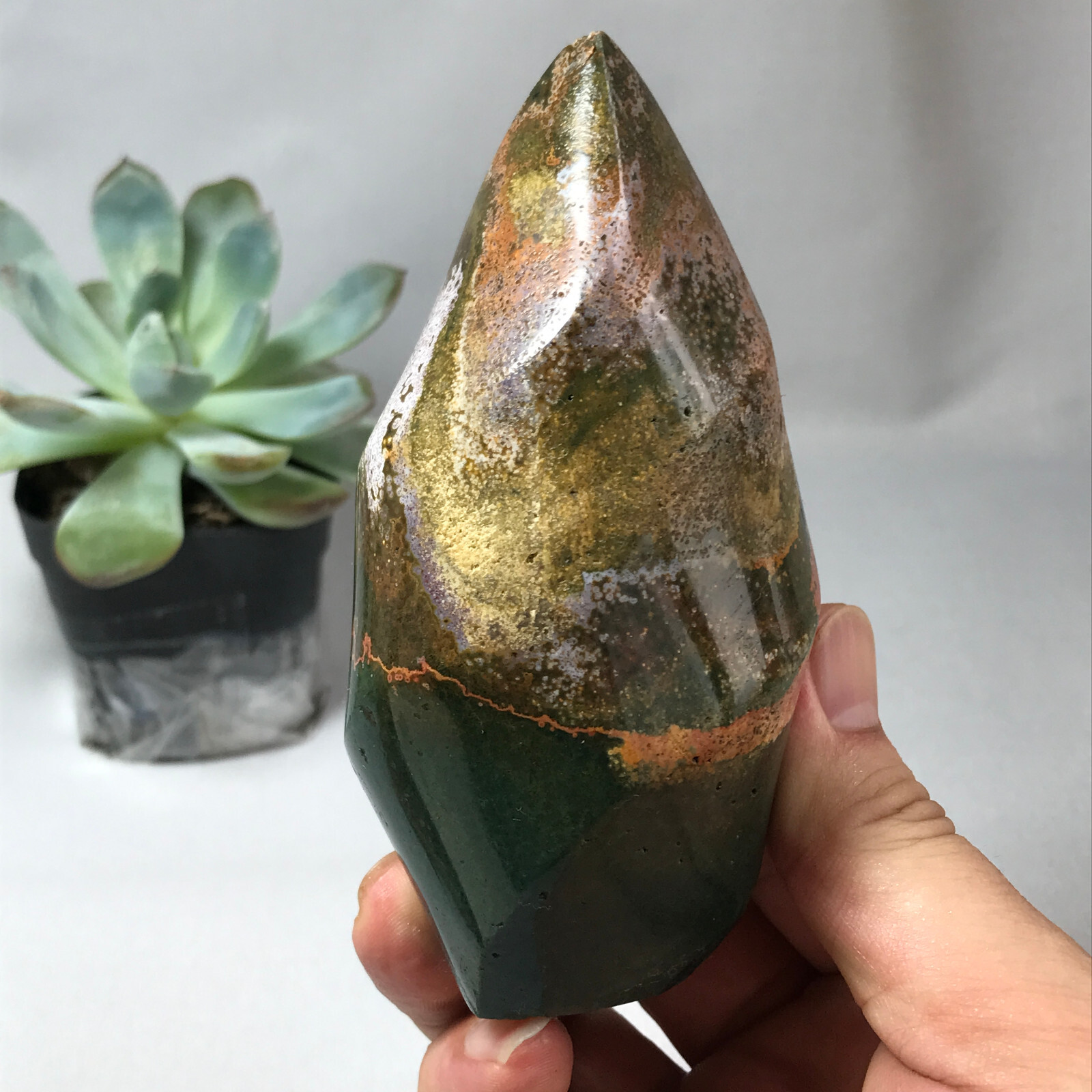 Natural Ocean Jasper torch Hand carve polish Crystal free standing 362g g6632