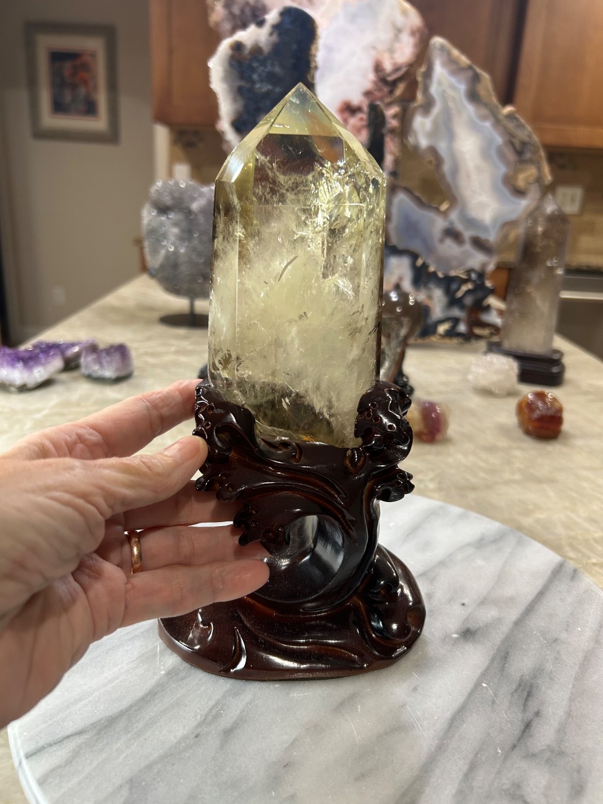 Citrine quartz crystal Freeform tower with custom wood stand