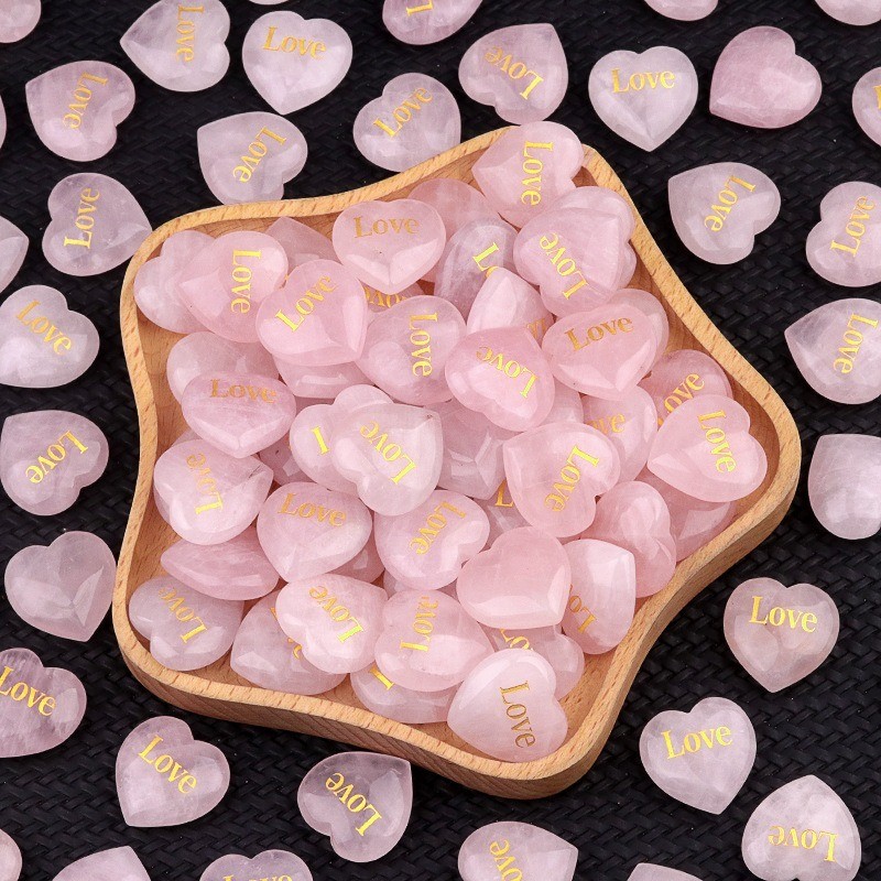 Natural Rose Quartz Heart Pendants Love Engraved Beads Charms Random 1piece