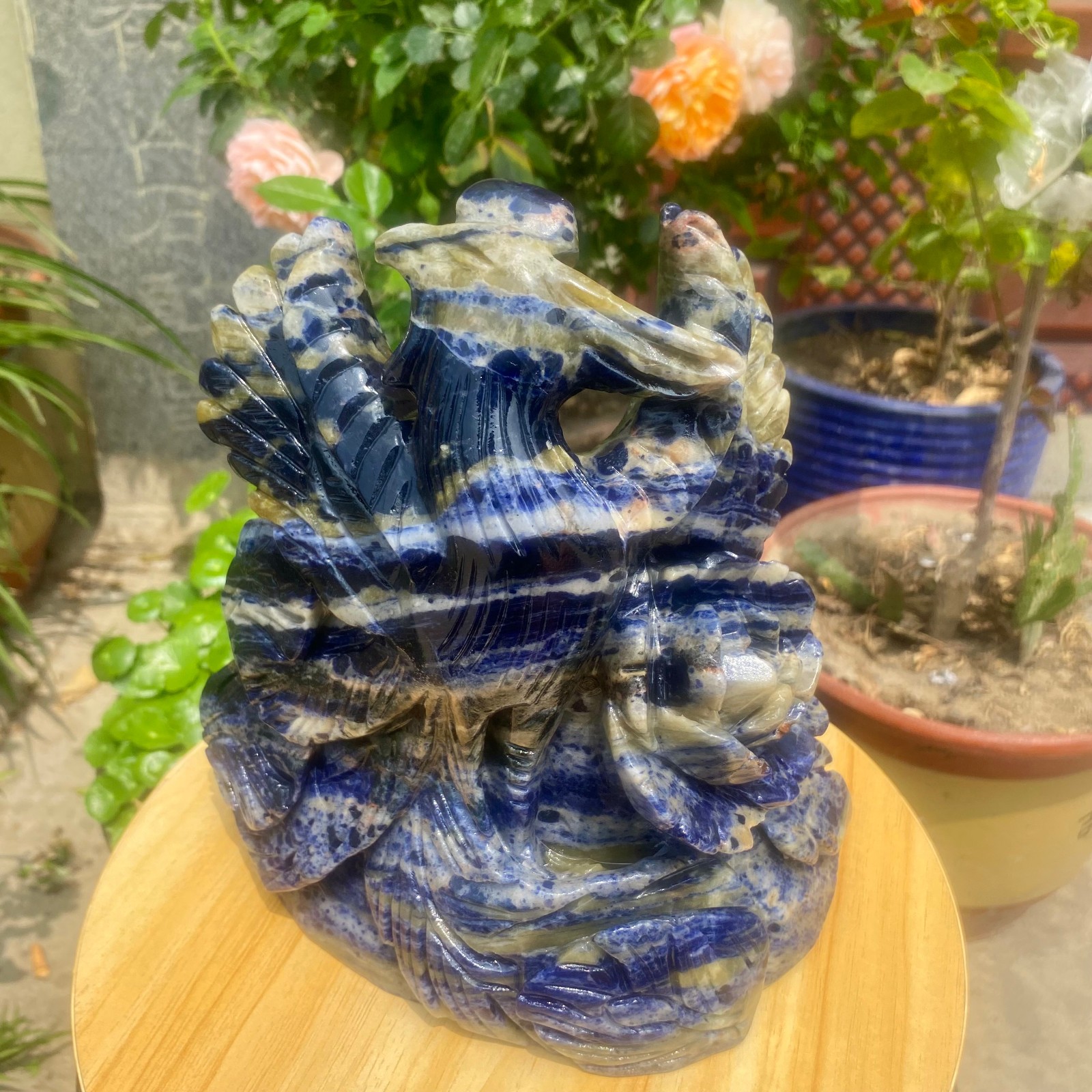 6.61LB Natural Blue Vein Stone Phoenix Carving, Home Decoration