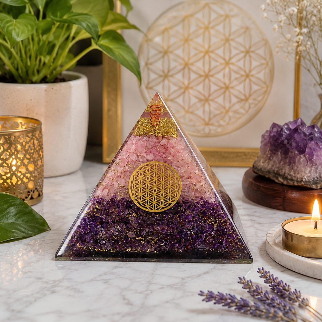 Orgonite Pyramid Rose Quartz Amethyst Crystal Energy Healing Meditation Decor