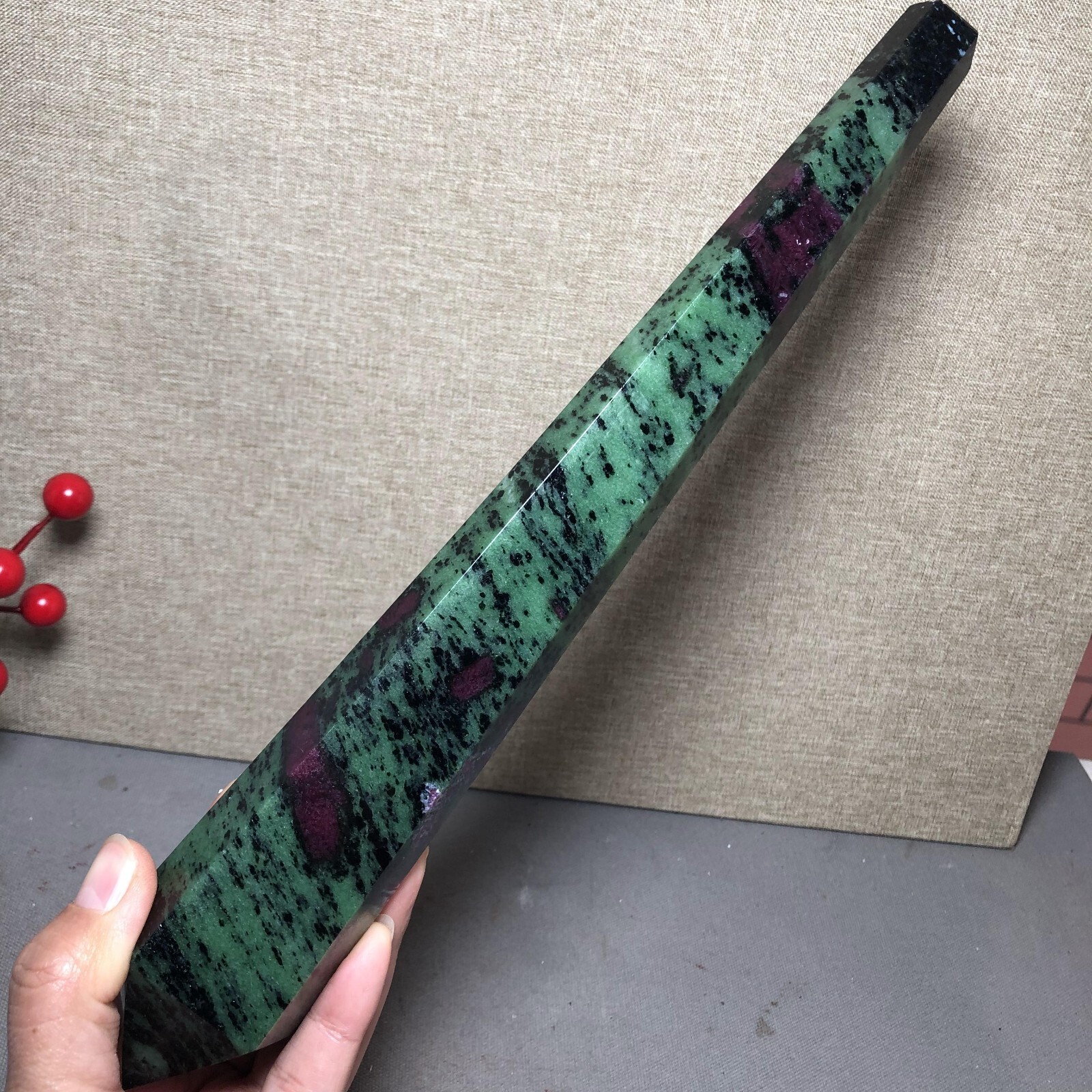295mm Long Natural red green epidote wand Obelisk Crystal specimens 716g A4537