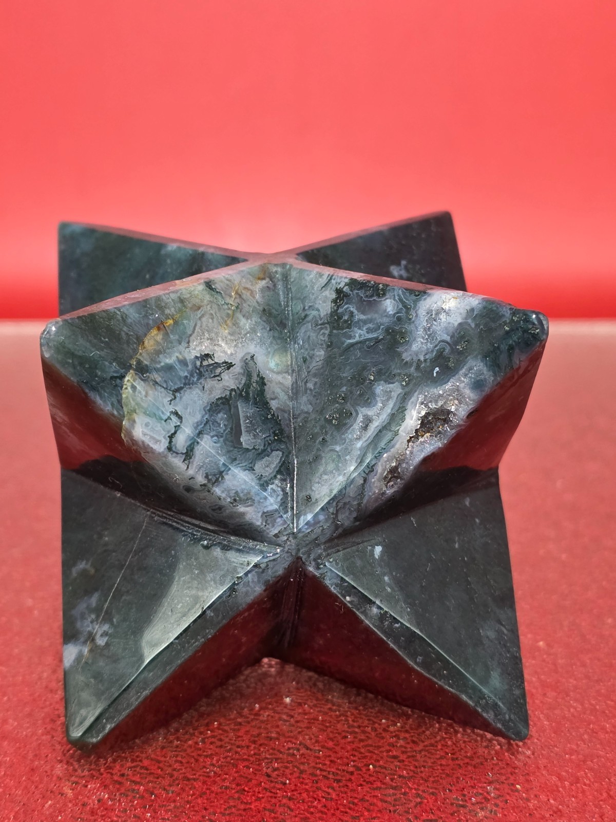 423g Moss Agate 8 Point Merkaba Star Carving Crystal Sacred Geometry Healing