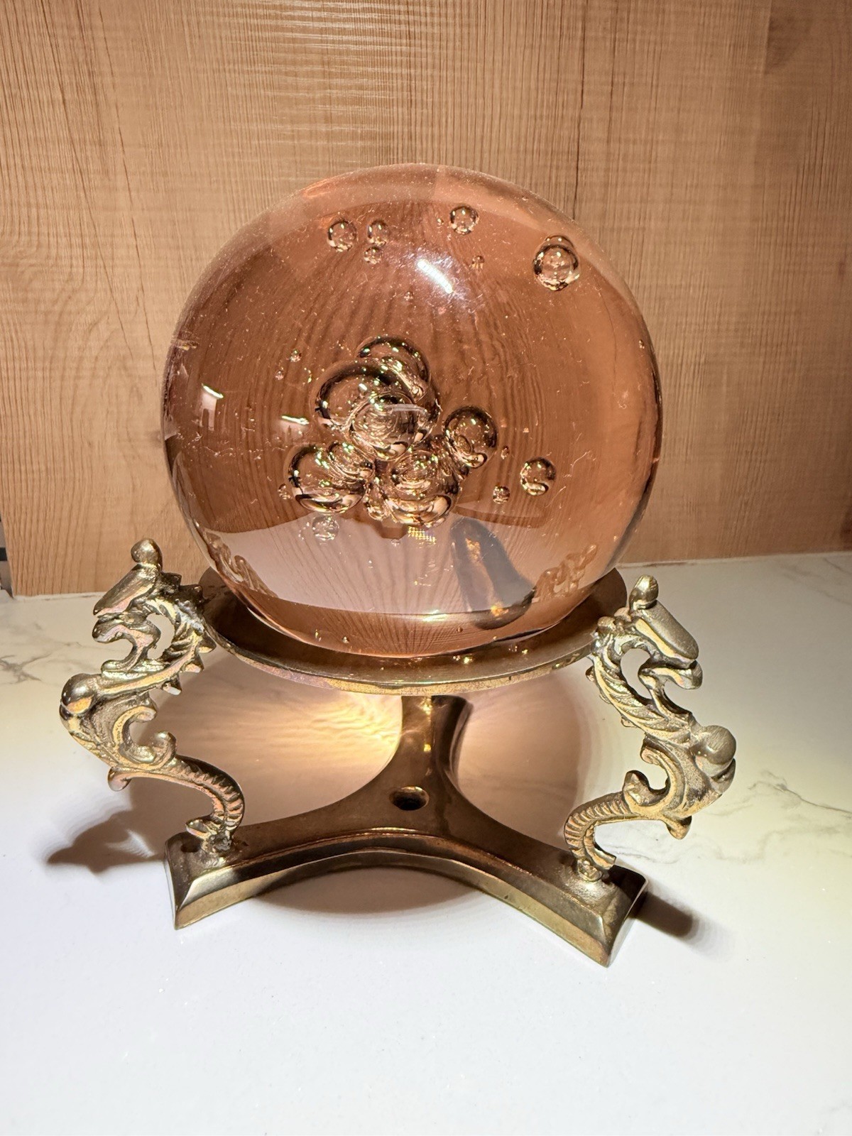 Large Vintage Lead Crystal Ball Sphere on Ornate Dragon Brass Stand