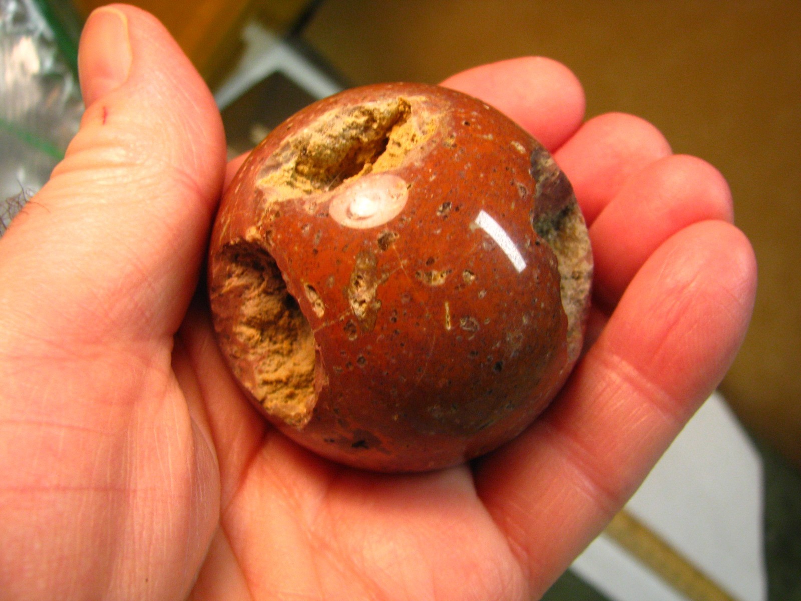 .43lb 2.15inch JASPER SPHERE RED & BLACK CHALCEDONY W/WOOD STAND MADAGASCAR #247