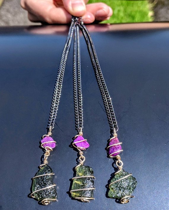 MOLDAVITE & SUGILITE Pendant In GOLD. Amulet Tektite Crystal Necklace Synergy 12