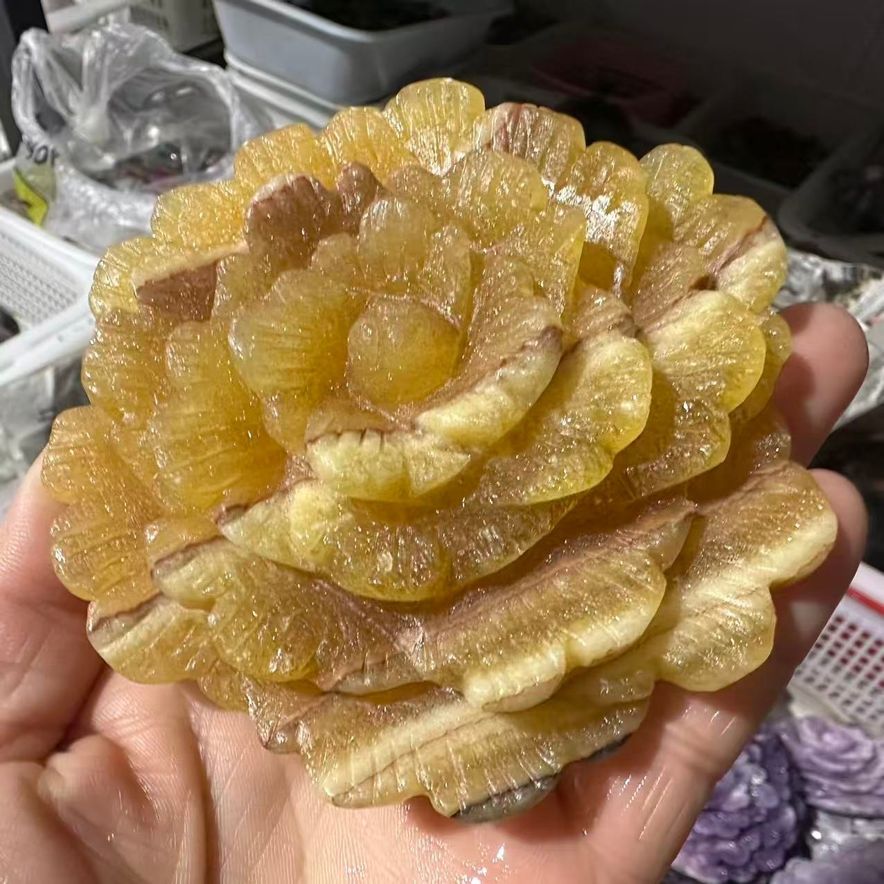 1PC Natural Yellow Calcite Quartz Carved Flower Skull Crystal Reiki Decor Gift