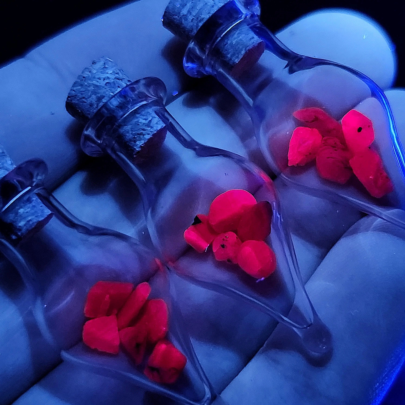 UV Reactive Ruby Chips in Glass Jar, Polished Ruby Crystals in Gem Jar