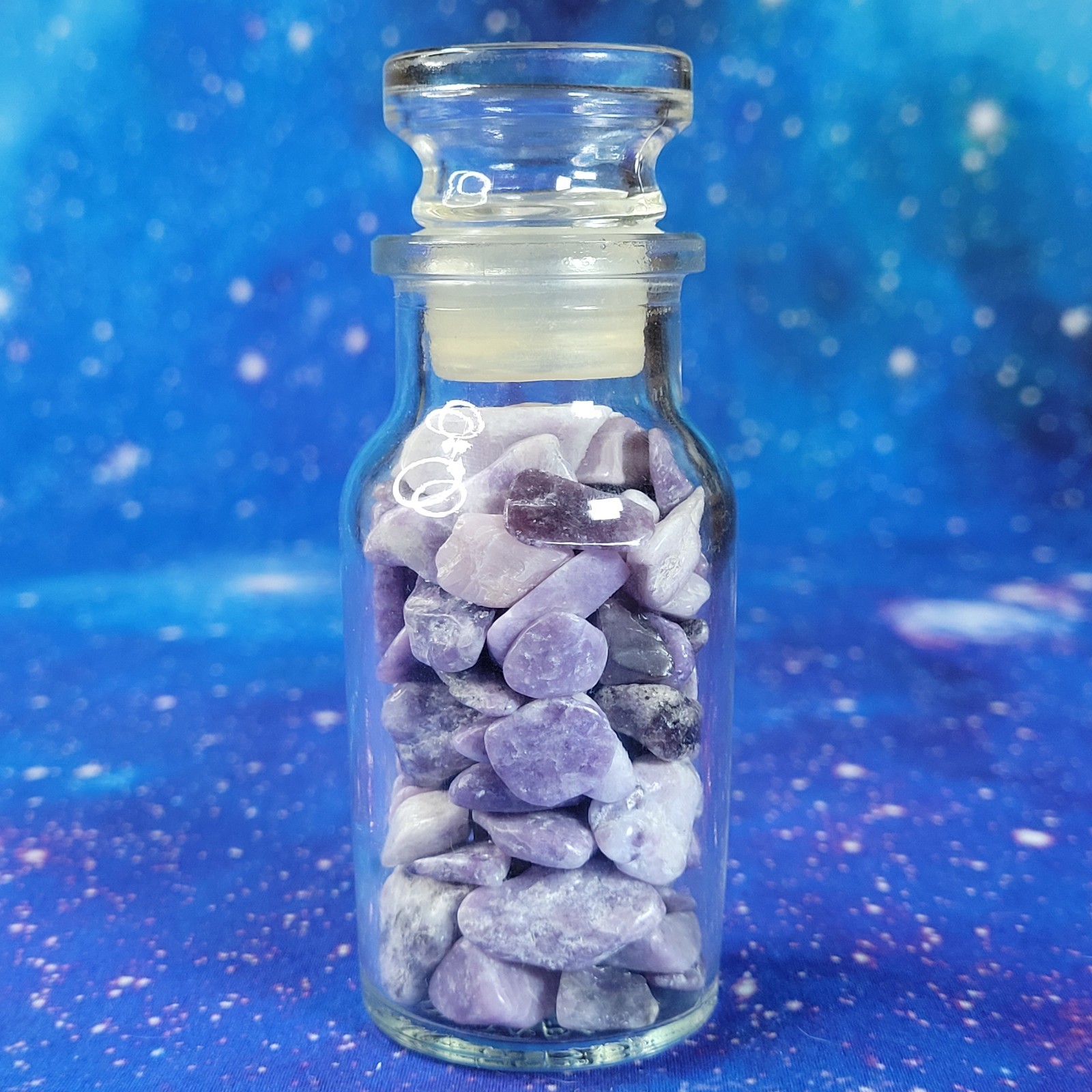 Lepidolite Stone Tumbles in Vintage 4 oz Apothecary Glass Jar Purple Crystal