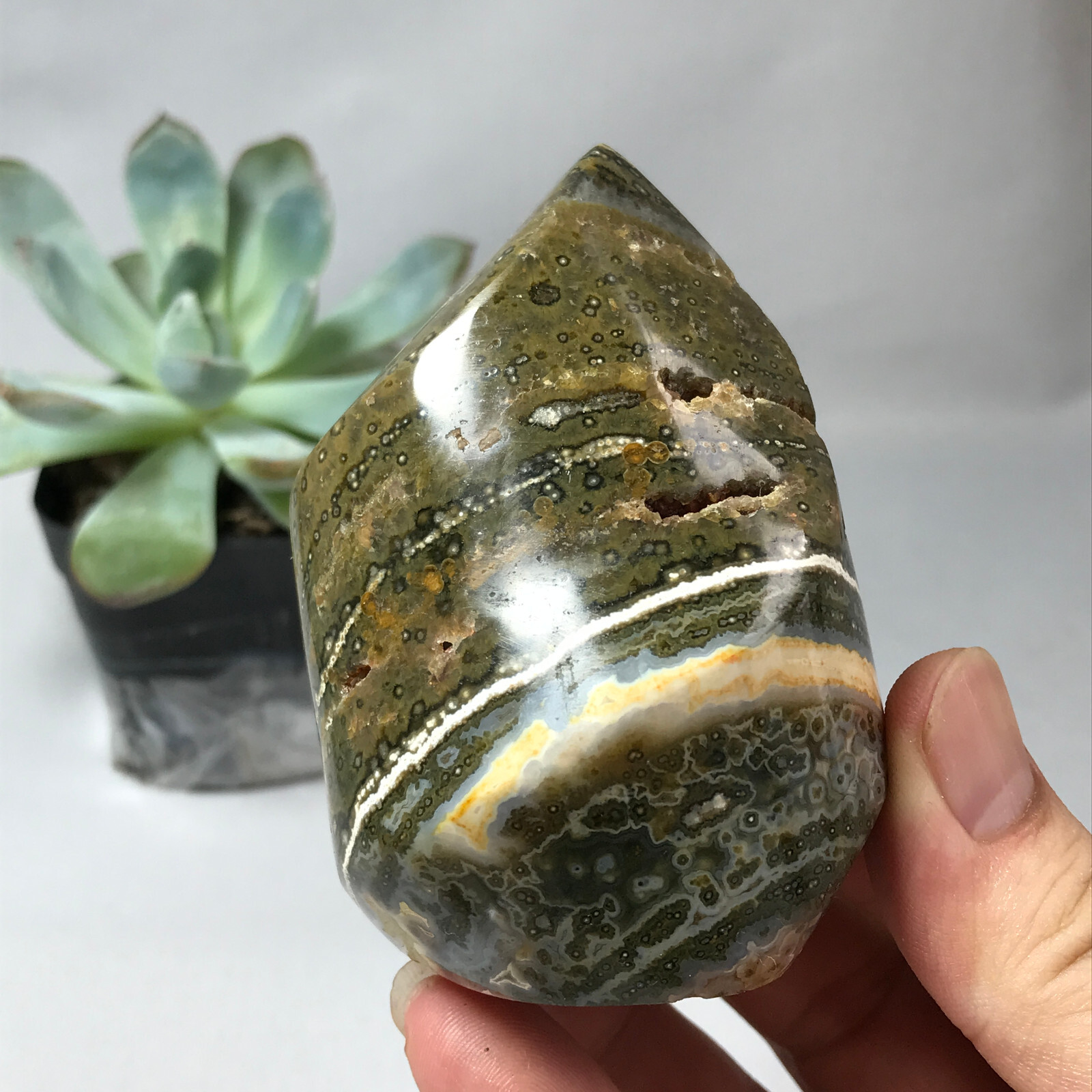 Natural Ocean Jasper torch Hand carve polish Crystal free standing 262g g6634