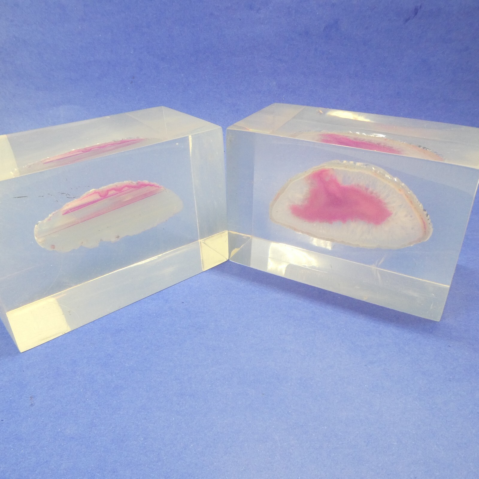 Bookends Pair Vintage Pink Agate Geode Slice in Clear Lucite Acrylic Block