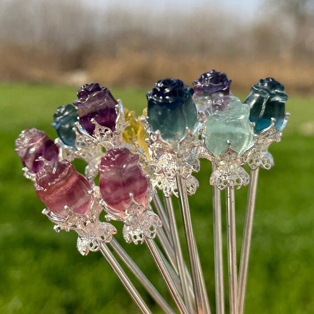 5pc Natural Fluorite Carved Rose Flower Hairpin Quartz Crystal Reiki Healing New
