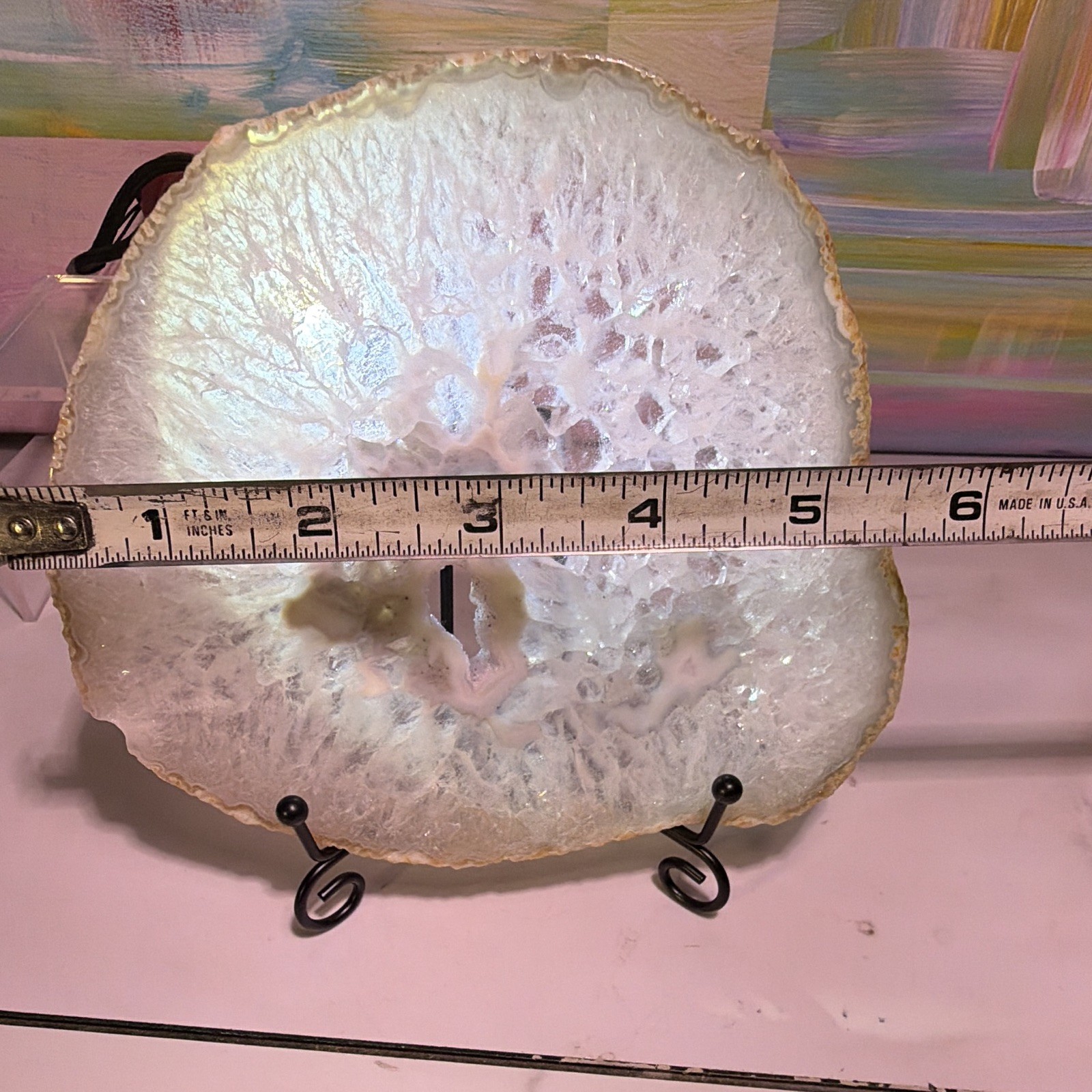 White Agate Geode Slice Crystal Mineral Display Specimen on Metal Stand ~6 in