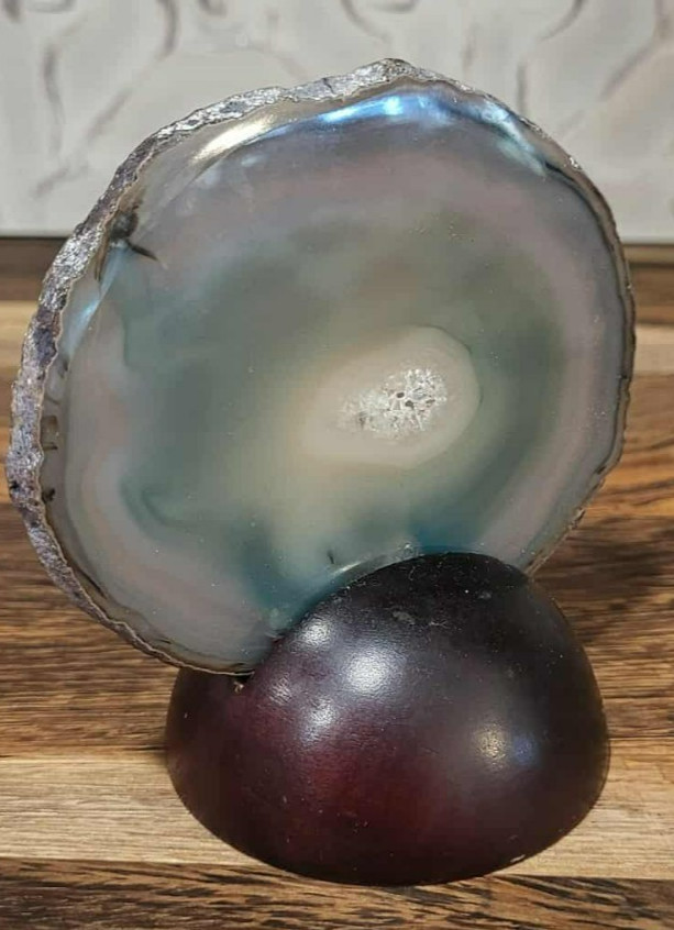Blue Agate Geode Slice on Wooden Stand Brazil 3.75″ Natural Crystal Decor