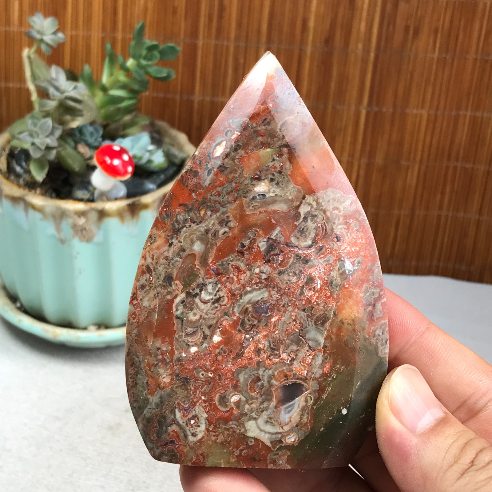 Natural money Mexico agate hand carve leaf Crystal Specimen free standing A6274