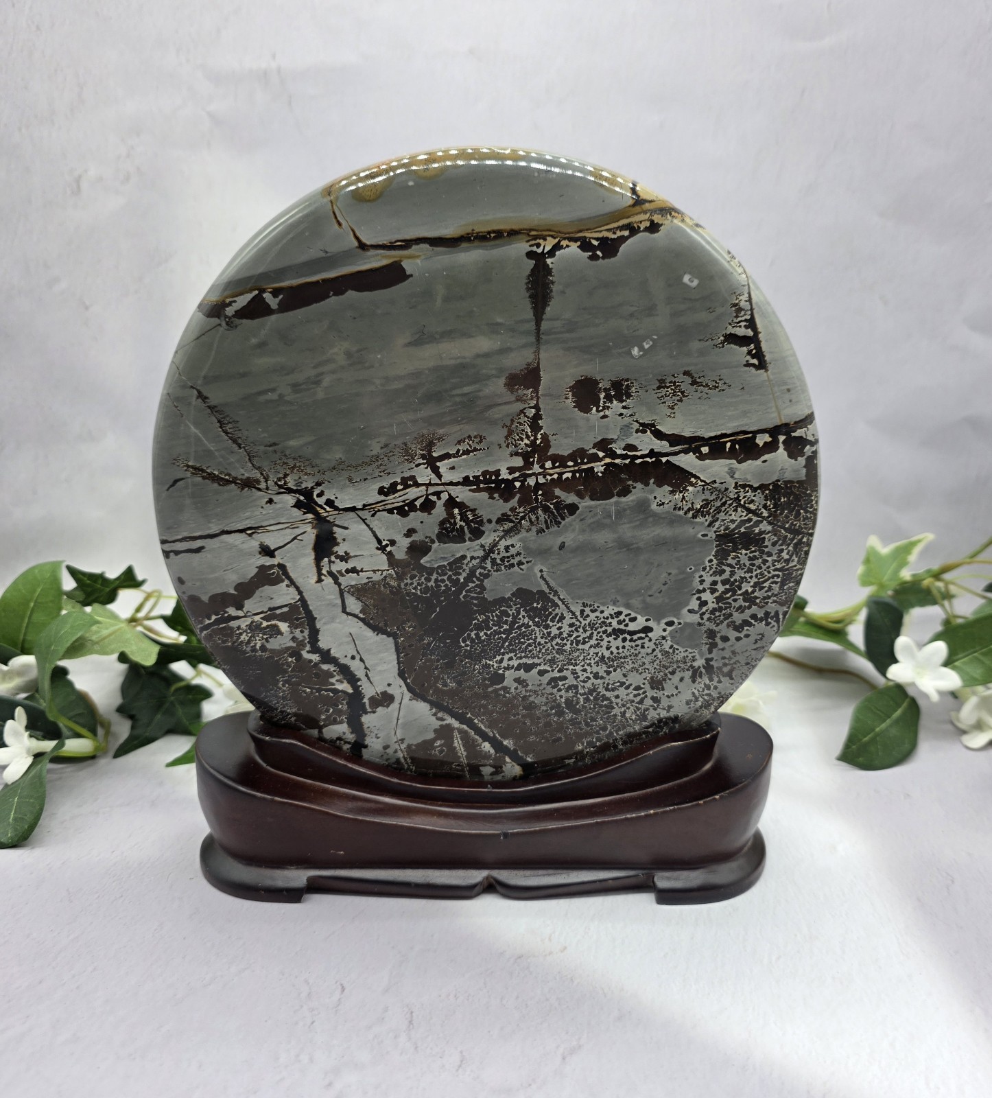 Large Round Picture Jasper Scenic Display Plaque with Wood Stand 5 Pounds +