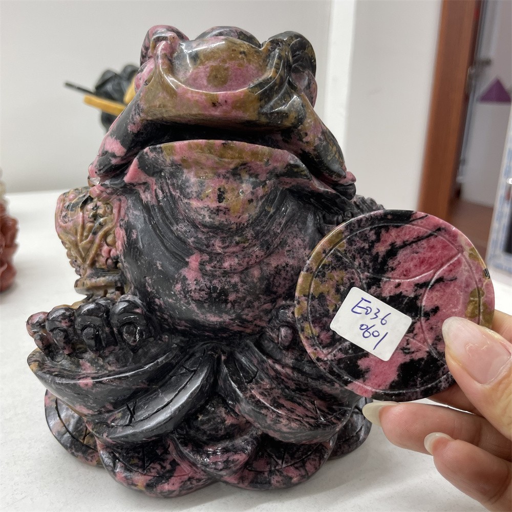 10.6LB 6.5″A+Natural Rhodonite Money Toad Crystal Hand Carved Statue Hand Carved