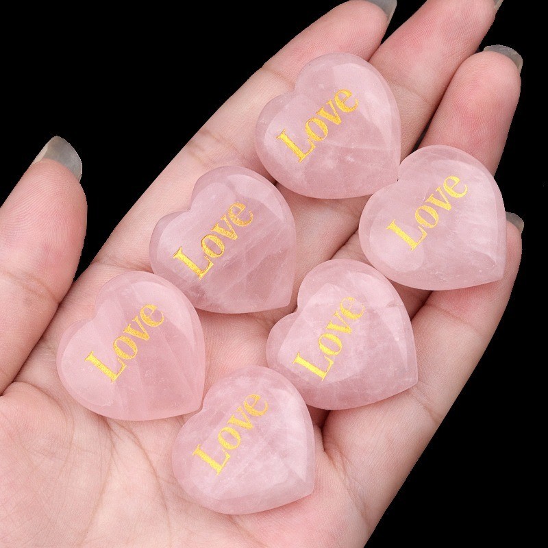 Natural Rose Quartz Heart Pendants Love Engraved Beads Charms Random 1piece