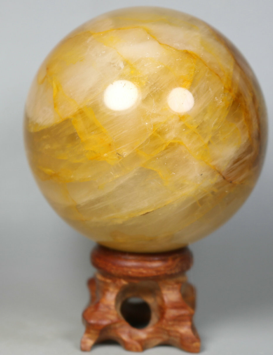 NATURAL Yellow PHANTOM MULTI-INCLUSIONS Quartz Crystal Stone Sphere Ball / Stand