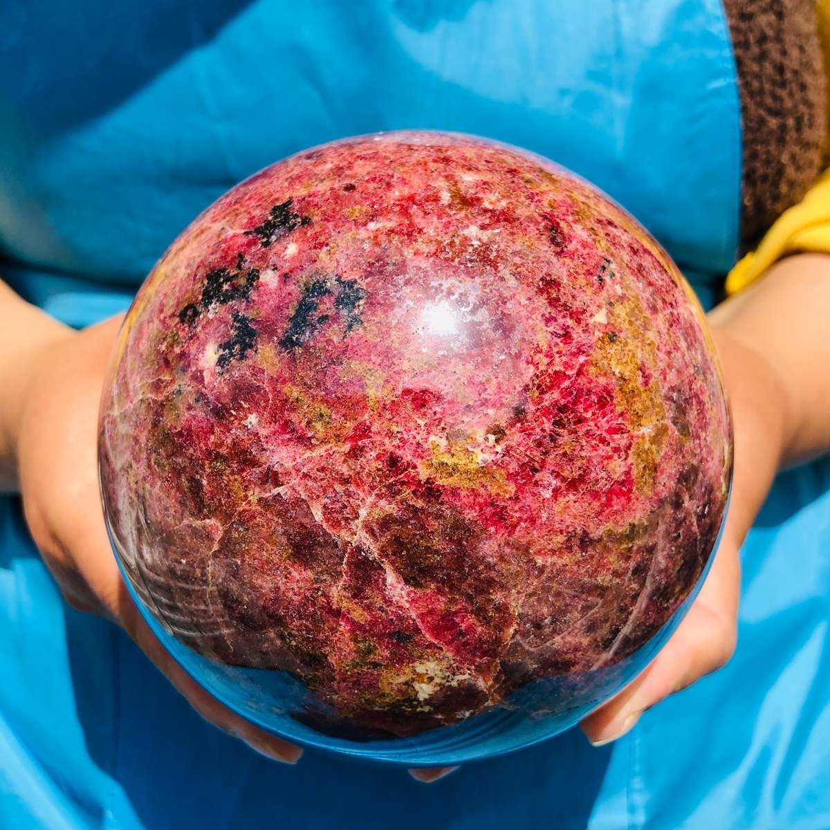 7.04LB Natural Rhodonite Crystal Sphere Pink Black Healing Gem Stone 4799