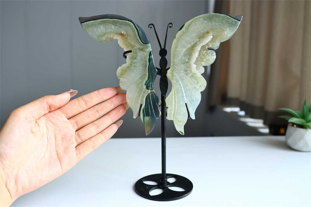 630g Natural Geode Agate Carved Butterfly Wing Reiki Crystal Decor Gift + Stand