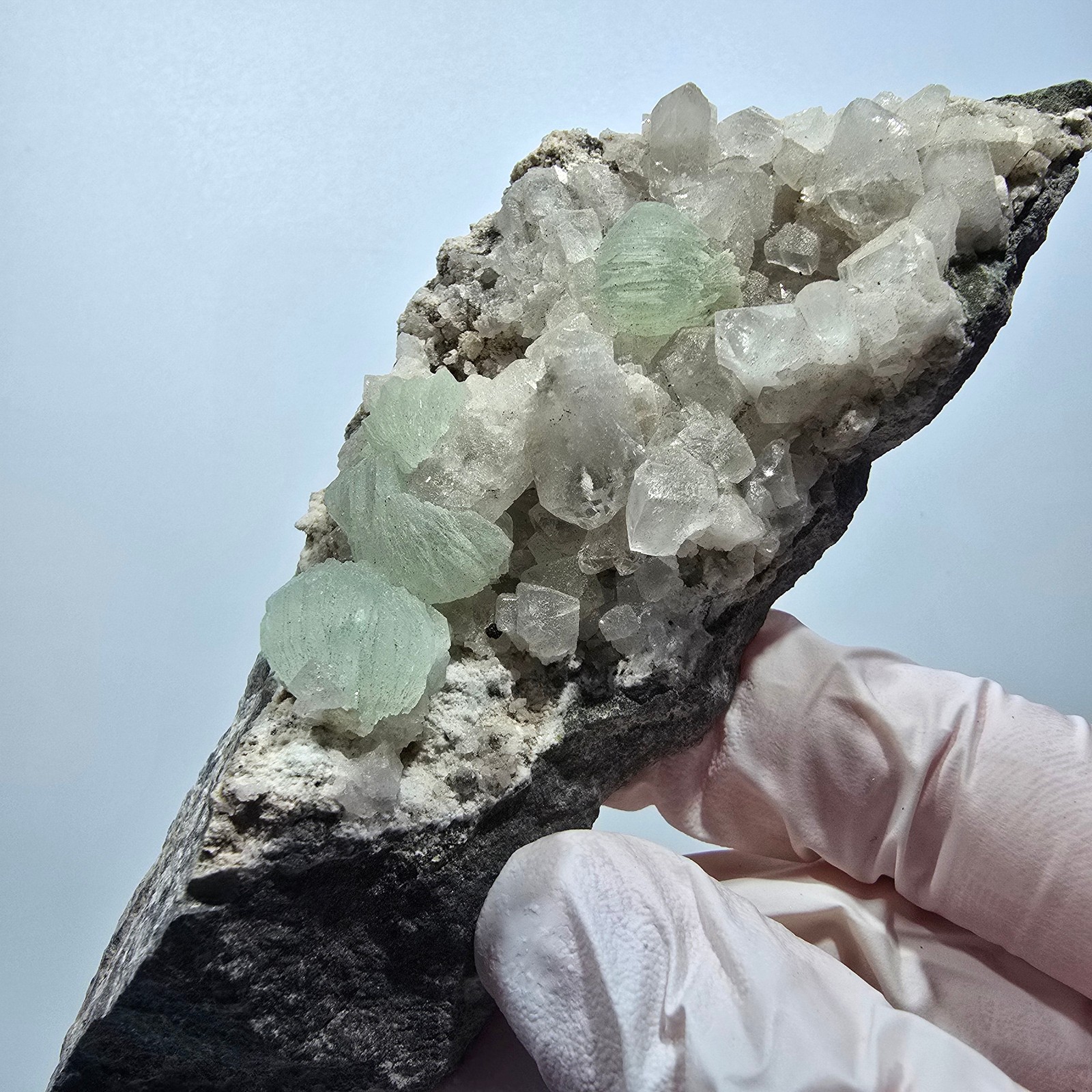 XL Prehnite sphere, calcite cube, quartz on matrix Goboboseb, Namibia
