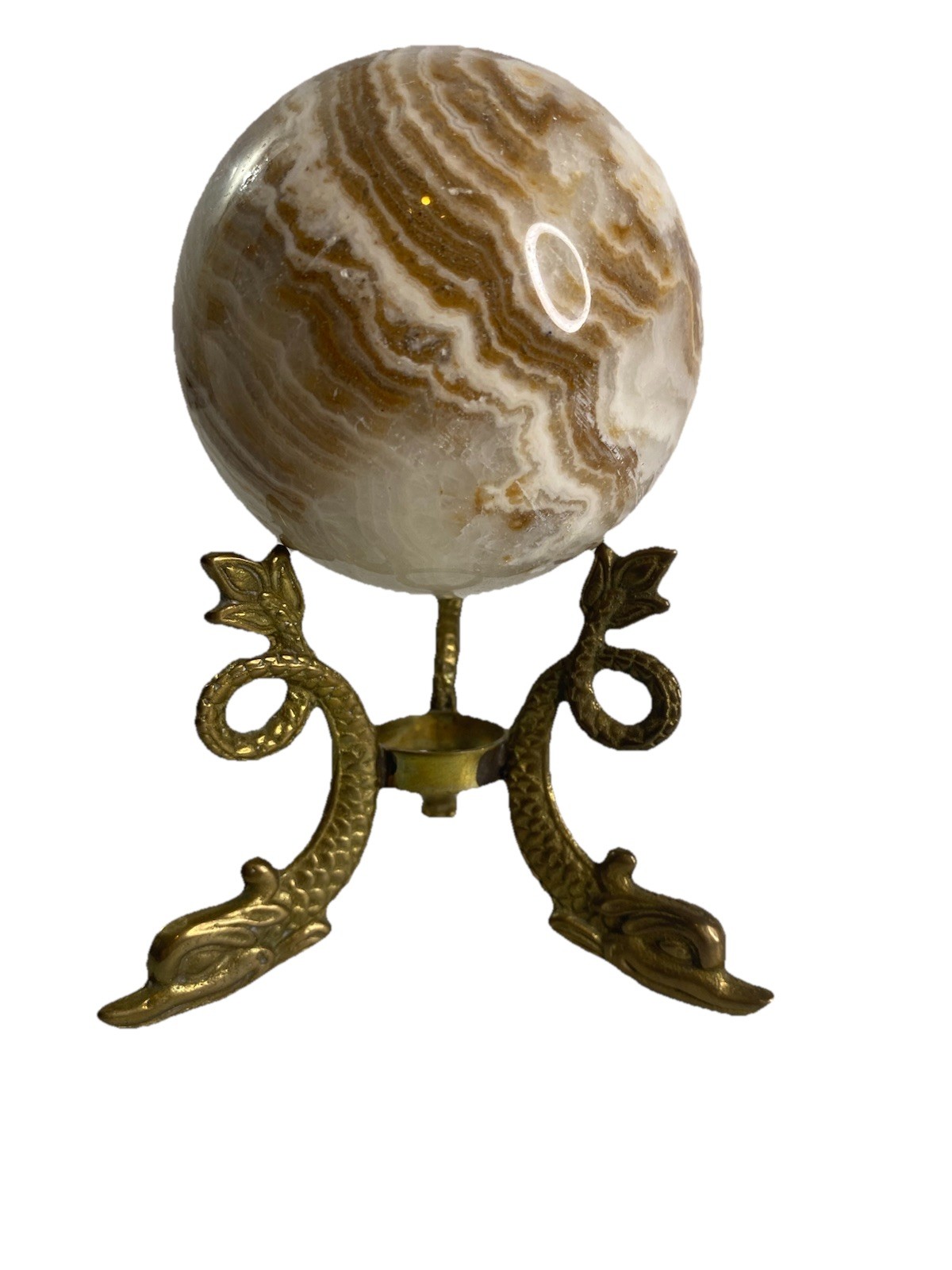 Onyx Marble Sphere Ball w/ Brass Dragon Stand Banded Calcite Decor