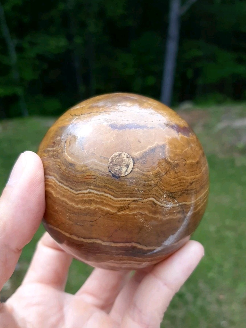 Banded Onyx Sphere Brown Tone Polished Stone Orb 3″ With Wood Stand