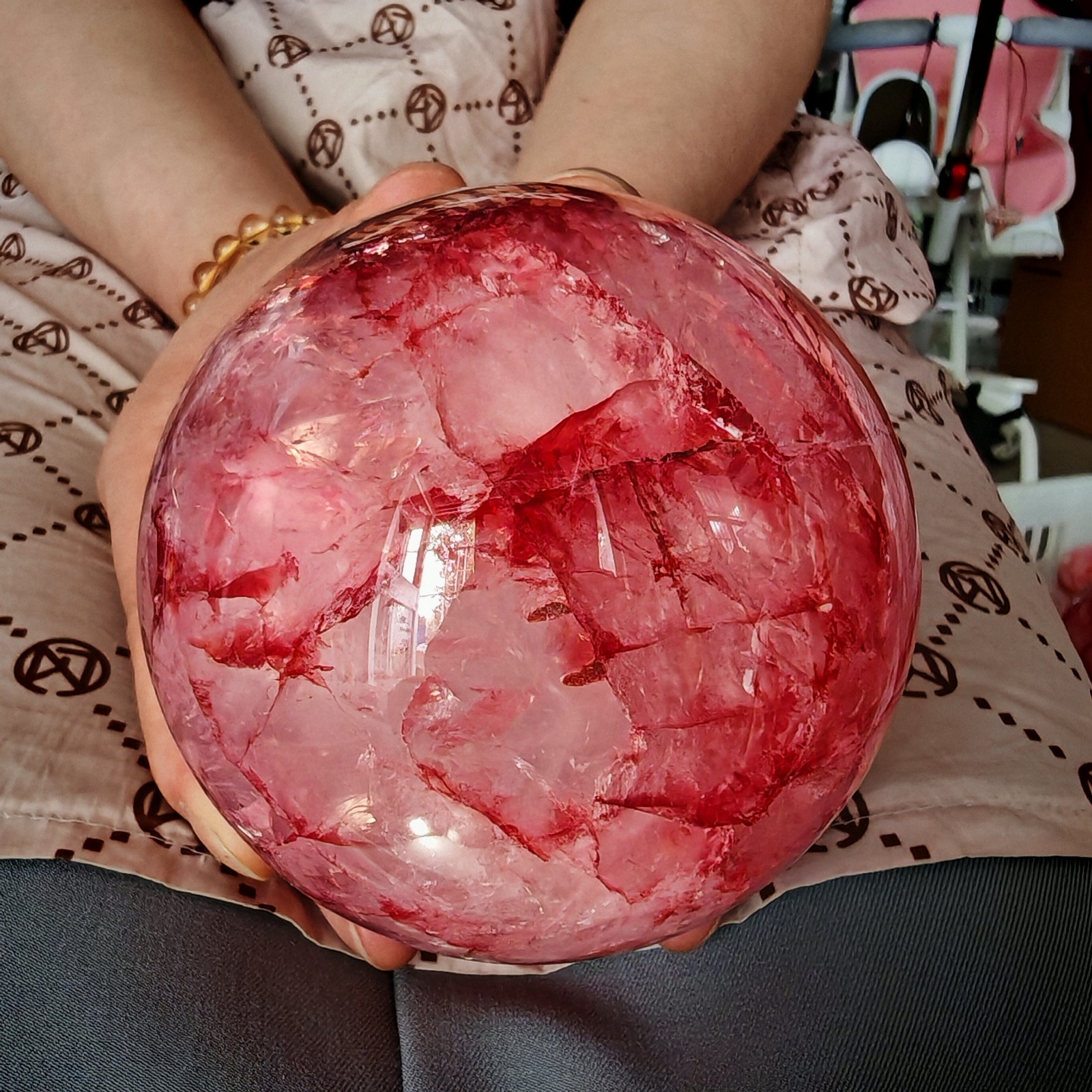2.97LB TOP Natural Red gum flower quartz ball crystal Hand carved Decorative
