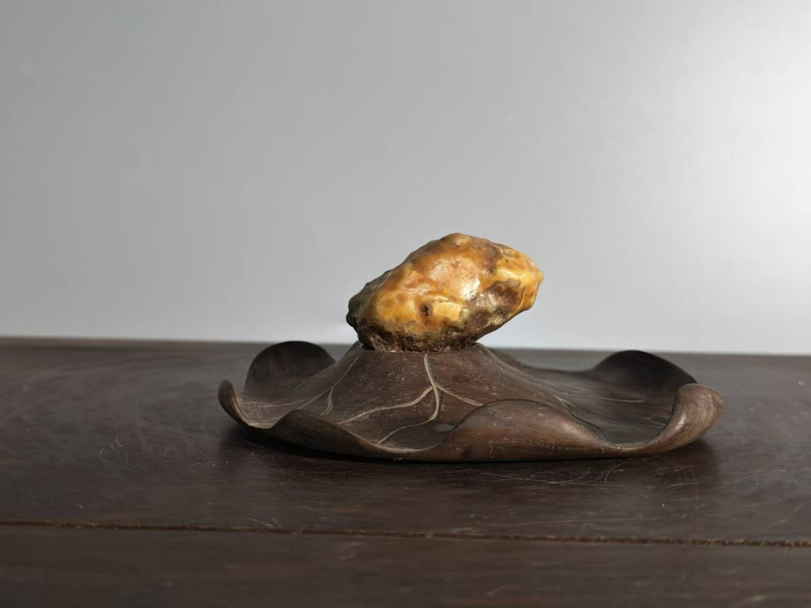 #11050. Suiseki-Fine Gobi Stone Desert Lacquer – Golden Toad Resting on Lotus