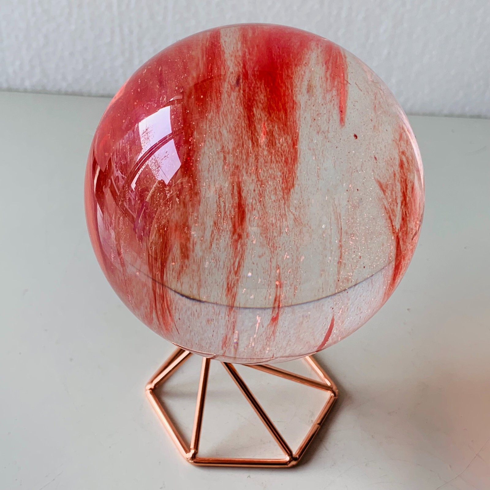 1.5LB Red Smelting Stone Quartz Sphere Crystal Energy Ball Reiki Gem+stand A22