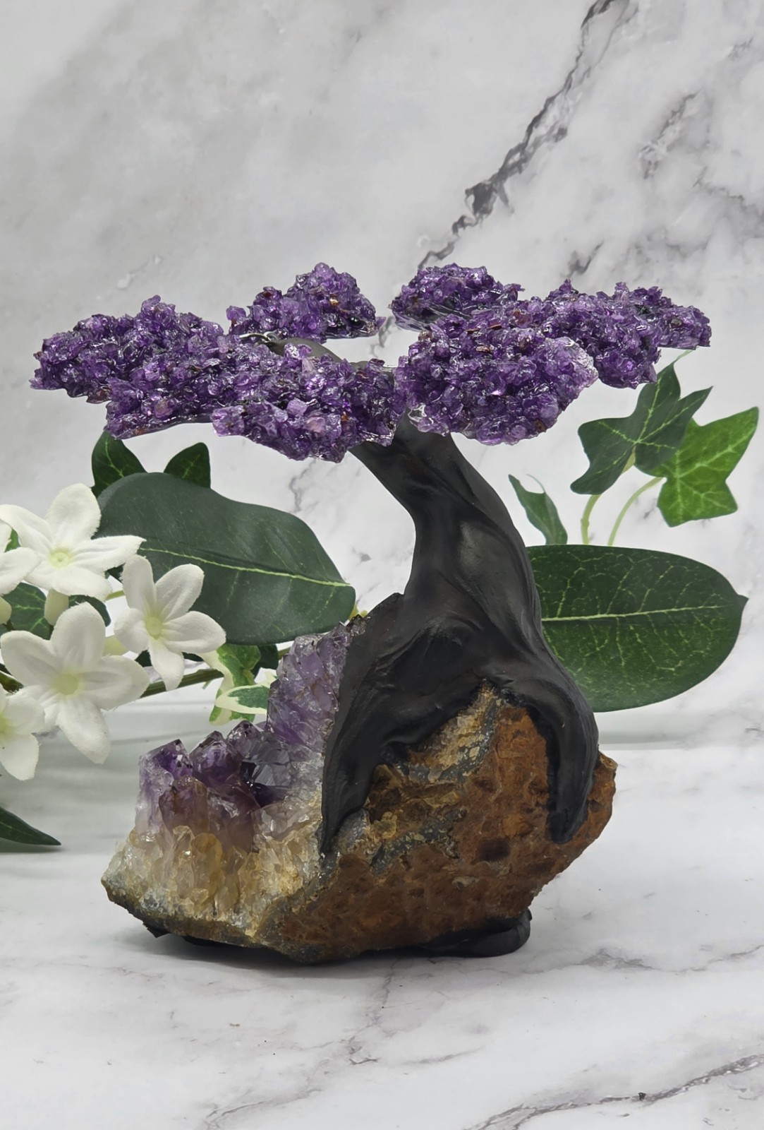 Amethyst Cluster Geode Sculpture Natural Amethyst Bonsai Money Tree Handcrafted