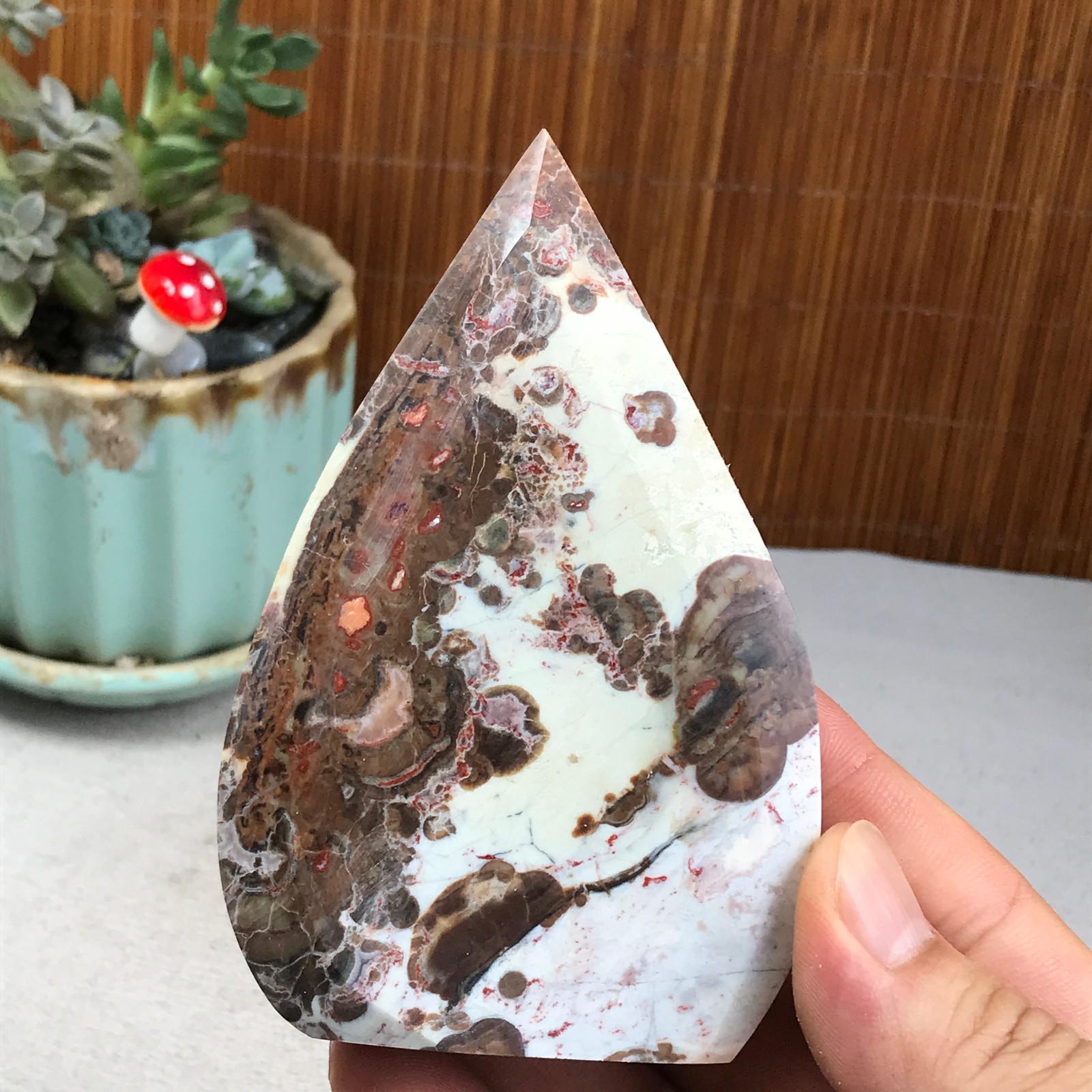 Natural money Mexico agate hand carve leaf Crystal Specimen free standing A6272