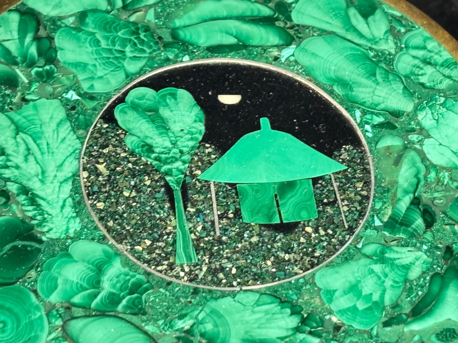 Vintage Green Malachite & Brass Round Box from Congo – Pietra Dura Scene on Top