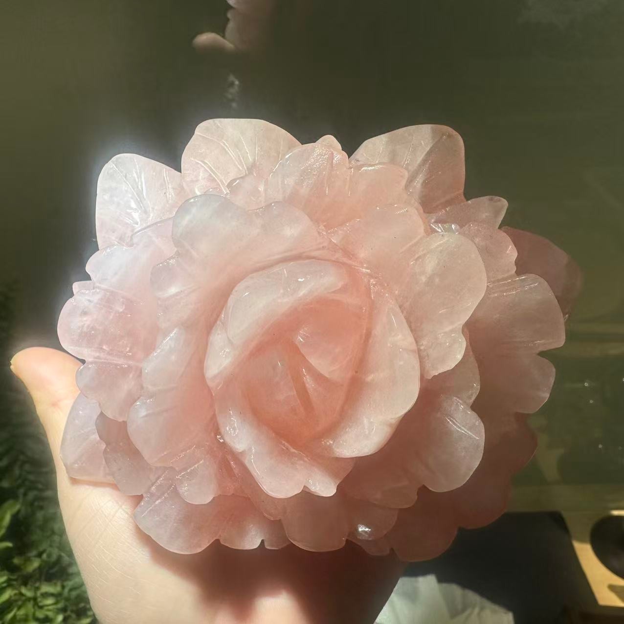 1pc Natural Pink Rose Quartz Carved Crystal Flower Skull Reiki Healing Decor