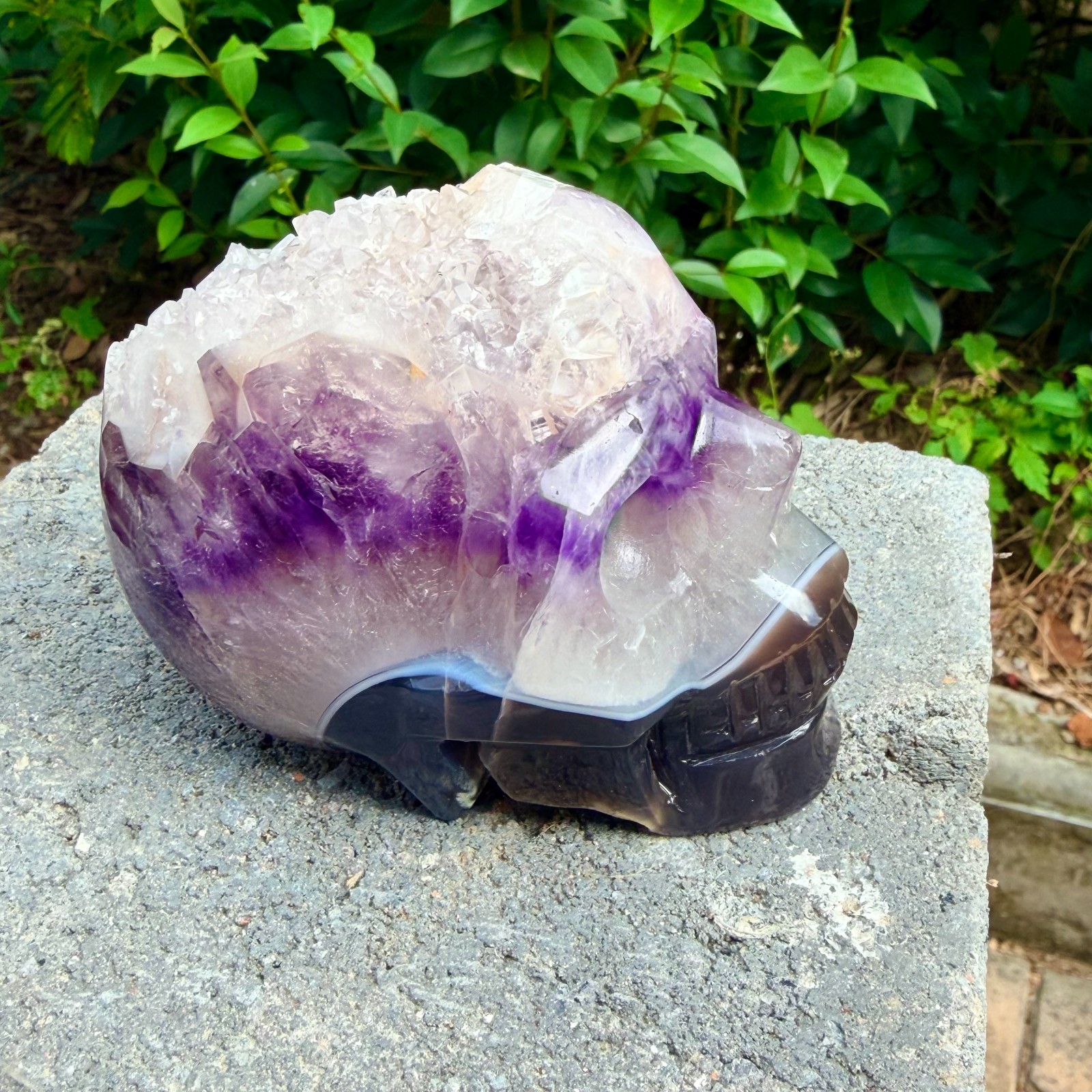 1.87lb Amethyst agate crystal cave skull, Rare hand carved skull specimen