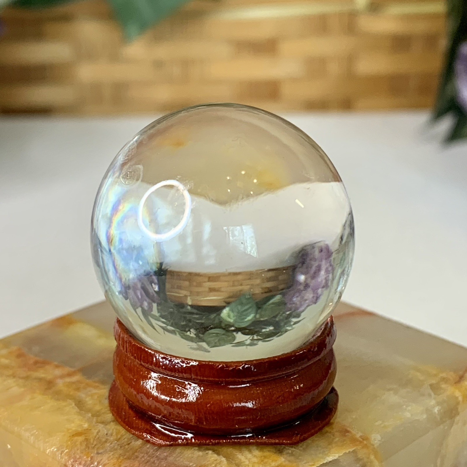 Clear Crystal Ball Quartz Glass Sphere Orb With Wood Display Stand Base New 1.3″