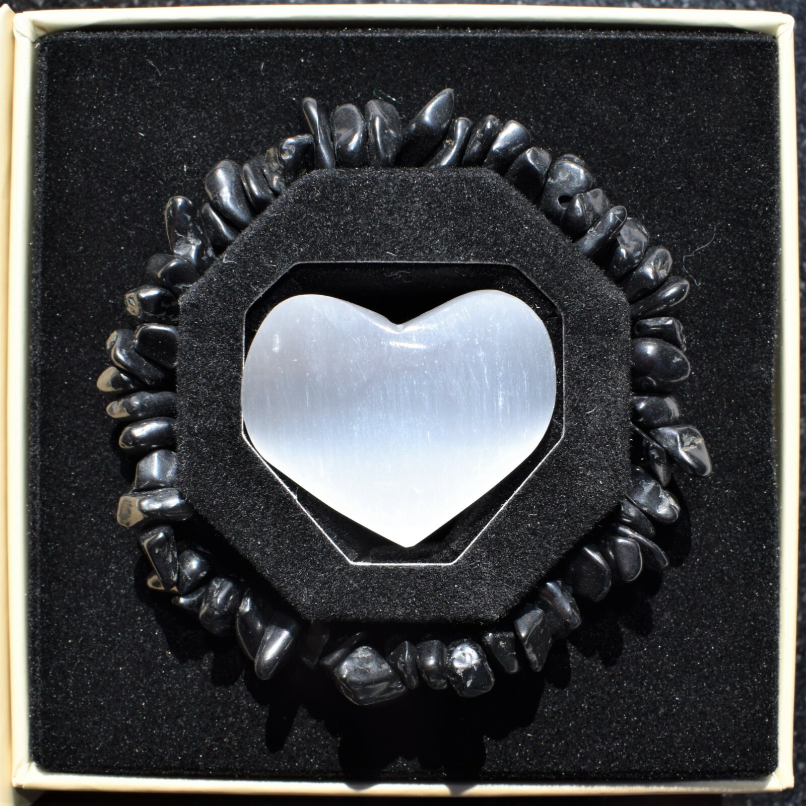 CHARGED Natural Black Tourmaline Crystal Chip Stretchy Bracelet + Selenite Heart