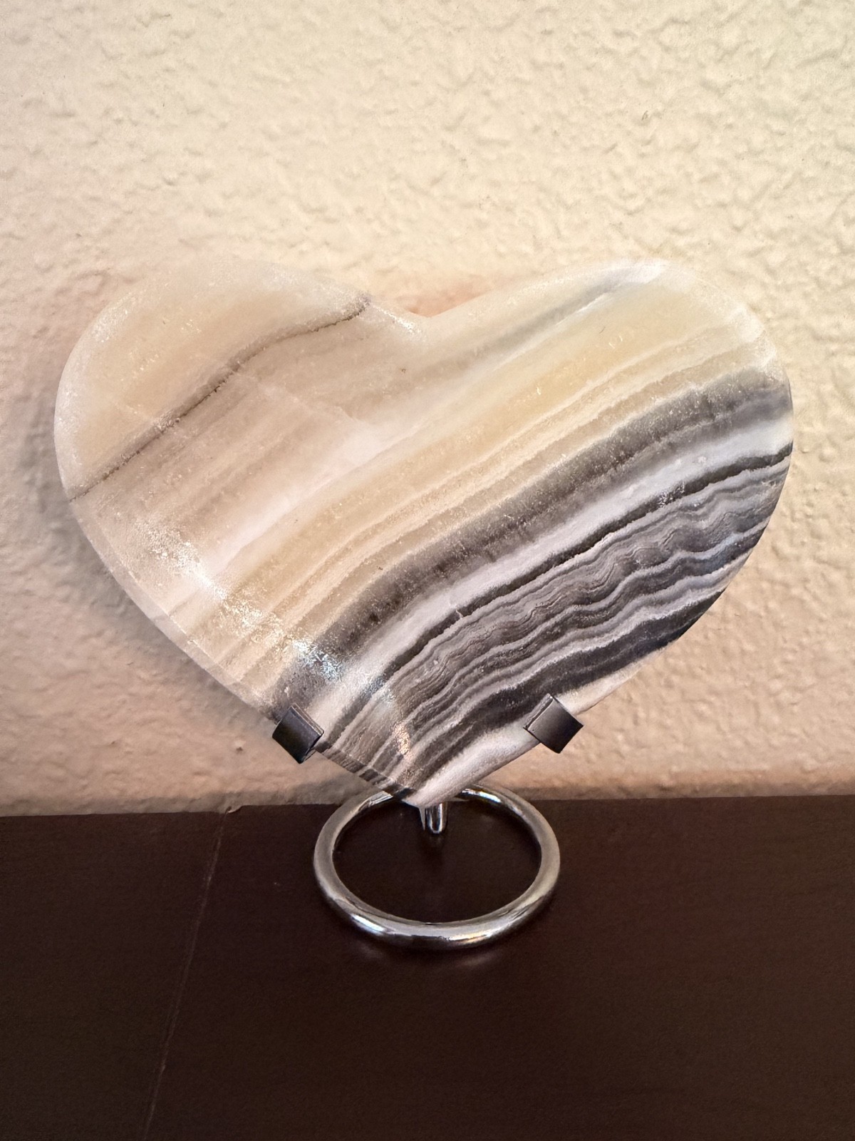 6.94oz Zebra Calcite Heart Bowl 4.5″ Banded Onyx Dish on Stand